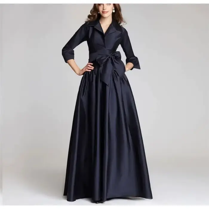 Robe mère de la mariée bleu marine, en Satin, personnalisée, col en v, manches 3/4, ligne a, longueu