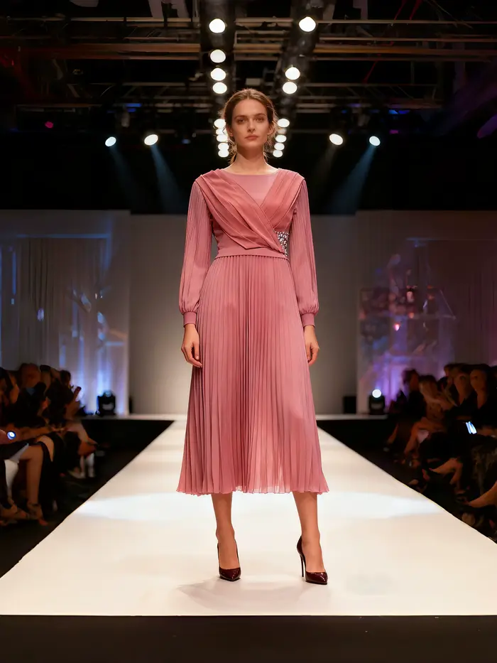 Robe plissée pour femmes – Strass rose poussiéreux orné