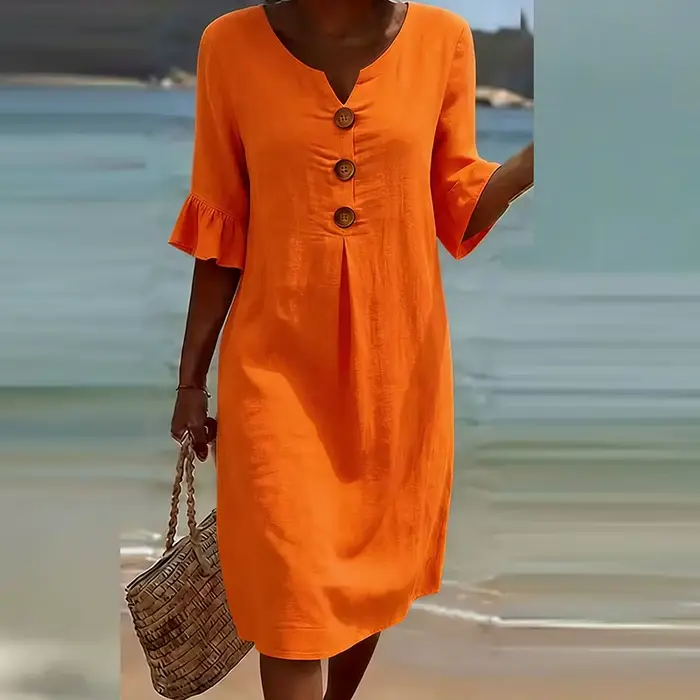 Robe vintage femme col en V manches courtes design à volants boutonnée plage vacances décontractée unie ample pour fêtes