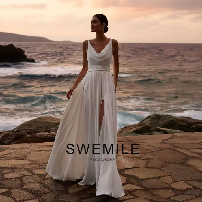 Robes de mariée bohèmes BM Bridal, style A-line, pour femme, plissées, à lacets, sans manches, robes