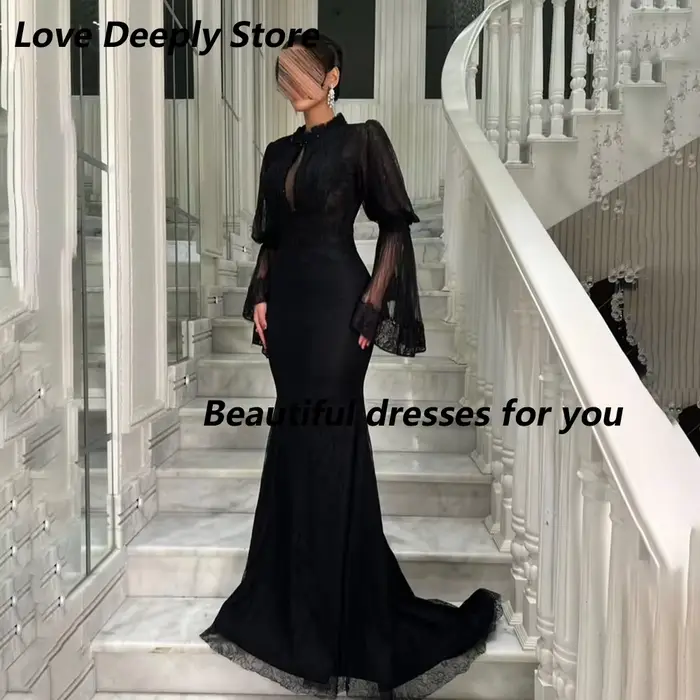 Robe de soirée sirène en dentelle noire, personnalisée, à manches évasées, col montant, robe de bal 
