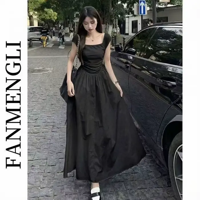 Robe longue noire ajustée de style français pour femmes, robe estivale amincissante et élégante, rob