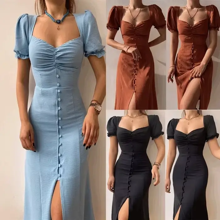 Robe mi-longue à col en V enveloppante de poitrine avec manches courtes bouffantes pour femmes élégantes et sexy occasions spéciales été 2024