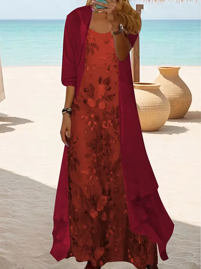 Robe longue grande taille à imprimé floral avec couverture transparente