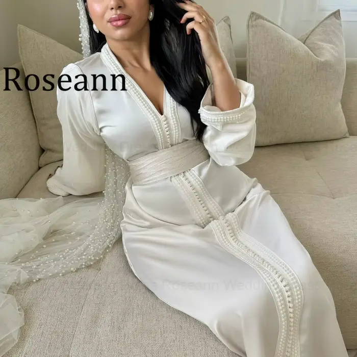 Robe de mariée bohème Roseann 2026 – Magnifique caftan à col en V pour femme avec ceinture