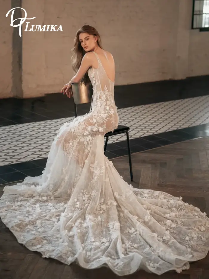 Robe de mariée sirène romantique en dentelle florale 3D 2026, sexy, dos nu, avec traîne cathédrale, 