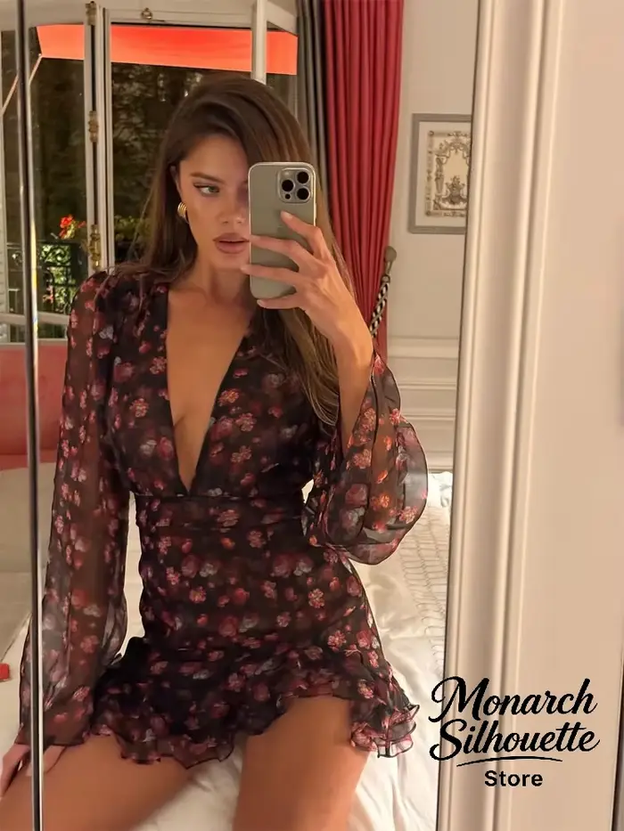 Robe moulante à volants peinte à la main Sexy Flora pour femmes