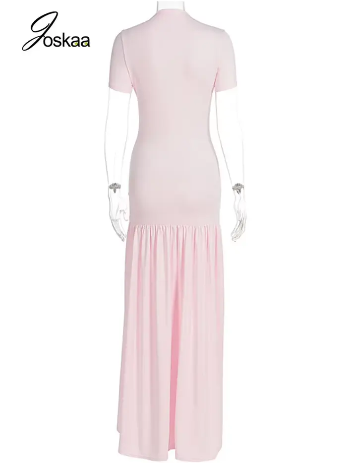Robe longue rose élégante Joskaa à volants sexy col rond manches courtes fente haute pour femmes plage vacances streetwear