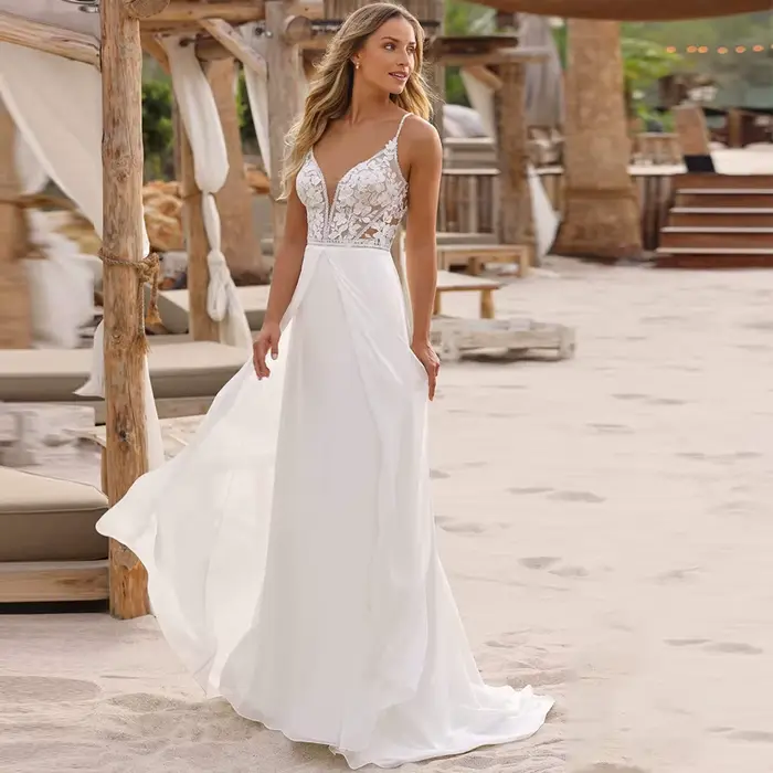 Robe de mariée de plage classique en mousseline de soie, avec des Appliques personnalisées en dentel