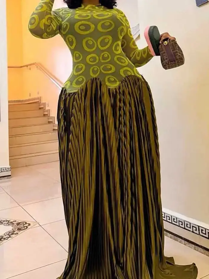 Robe vert olive taille haute manches longues pour femmes occasion spéciale soirée plissée extensible polyester