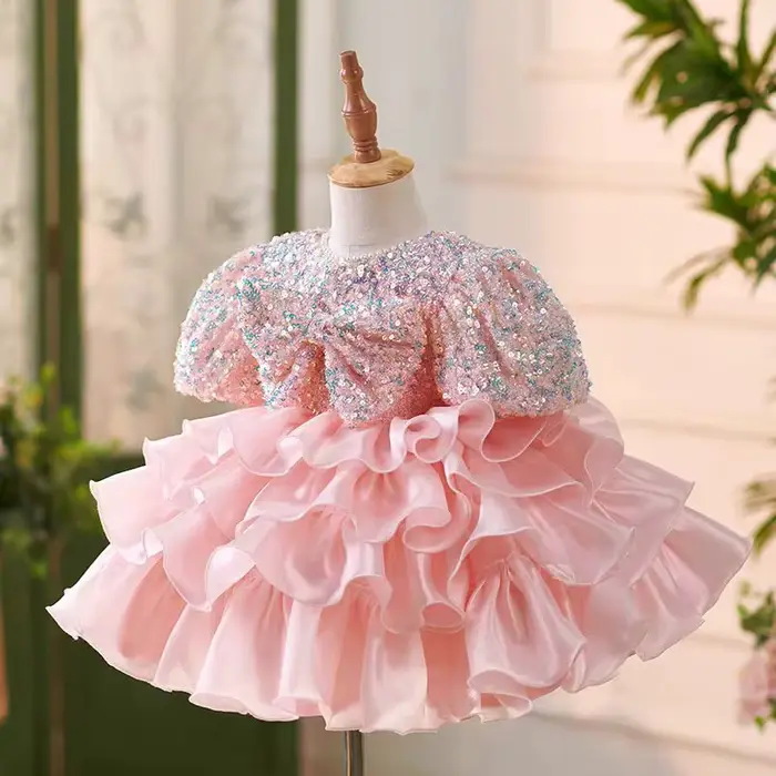 Jill Wish J453 robe à fleurs rose brillant pour filles, avec nœud en dentelle, manches bouffantes, princesse, pour enfants en bas âge, mariage, 1er anniversaire, robe de fête de concours