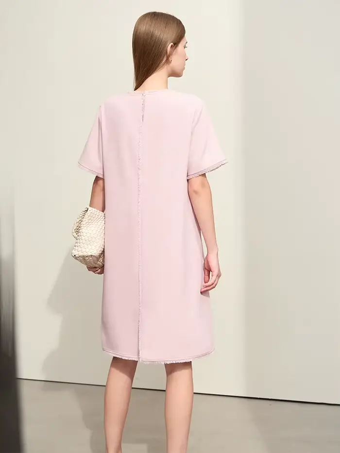 Amii-Robe mi-longue droite à manches courtes pour femmes, robes minimalistes, pompon épissé, léger,