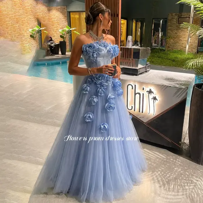 Robe de soirée bleue à fleurs 3D élégante pour bal soirée gala personnalisation robes de fête trapèze sans bretelles