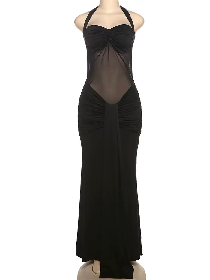 Nibber Halter Maille Patchwork Robe Femmes D'été Tendance Off Épaule Dos Nu Ruché Ruban Minuit Prom Party Hipster Vestidos