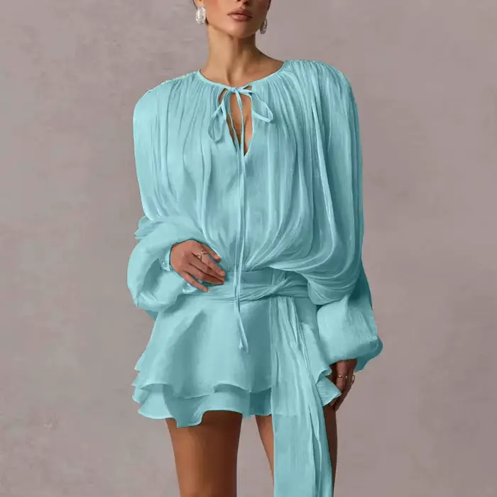 Robe mini élégante Gaono coupe trapèze à lacets pour fête manches évasées mode féminine soirée d'été automne