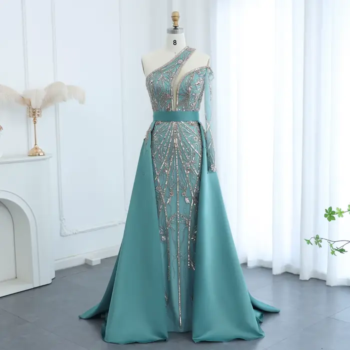 Sharon Said luxe Turquoise une épaule robe de soirée avec surjupe pour les femmes de mariage robe de