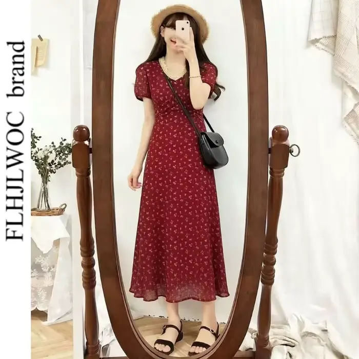 Robe longue maxi vintage à imprimé floral pour femmes, coupée trapèze, taille à lacets, col en V, pour Nouvel An et autres occasions spéciales