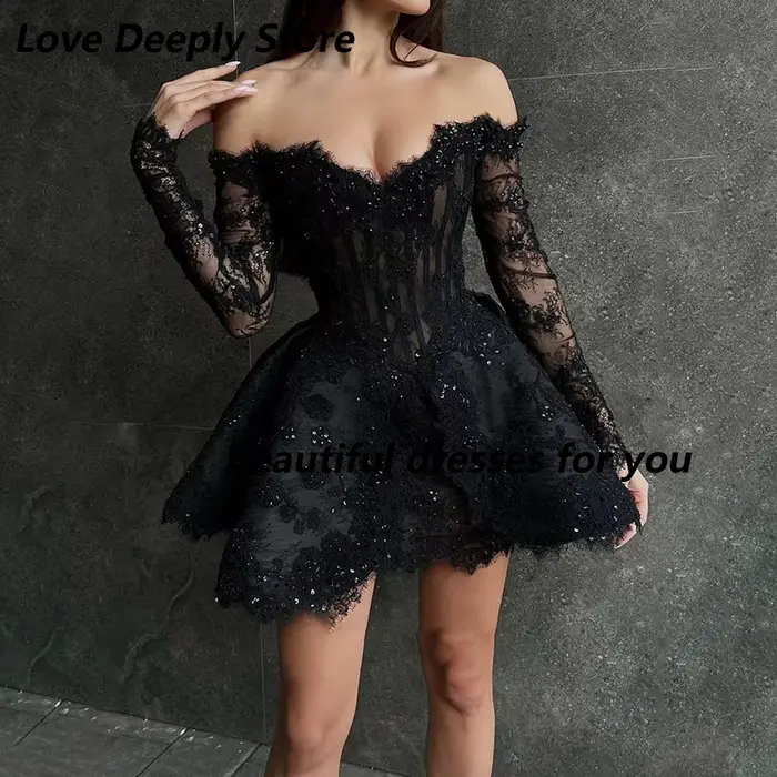Robes de cocktail mini en dentelle noire pour femme, personnalisées, col cœur, manches 3/4, perles,