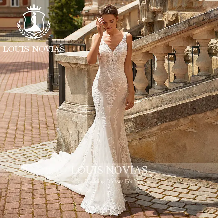 LOUIS NOVIAS robe De mariée sirène nouvelle chérie bretelles Spaghetti Appliques dos nu chapelle Train