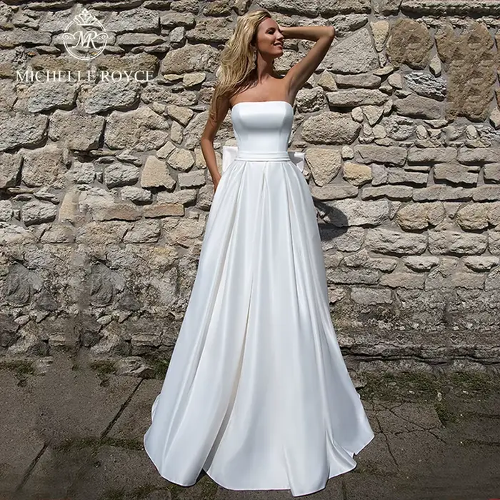 Michelle Royce a-ling robes De mariée élégantes sans bretelles à lacets ceintures nœud Court Train
