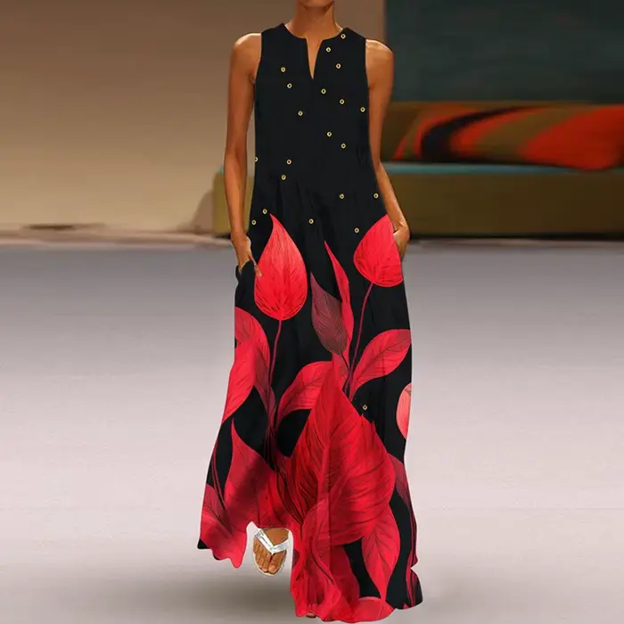 Robe longue imprimée à col en V pour femmes