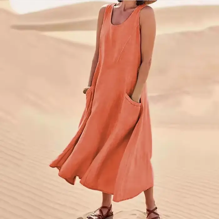 Robe élégante sans manches en coton et lin pour femmes