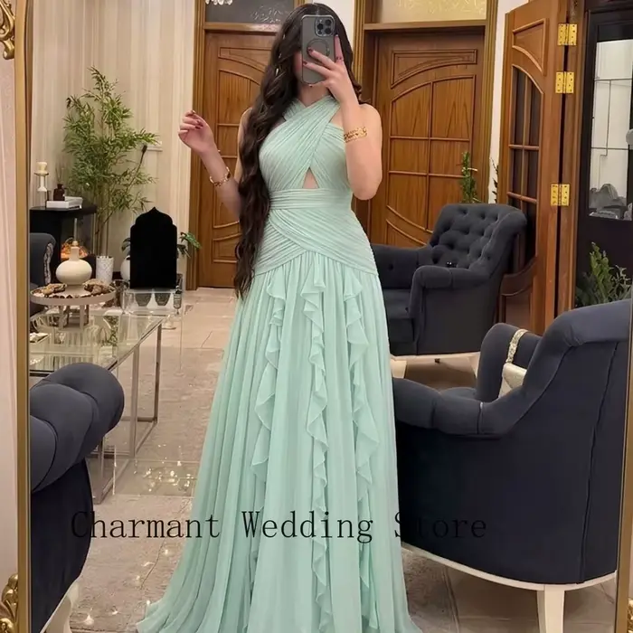Robe de soirée formelle verte avec col halter