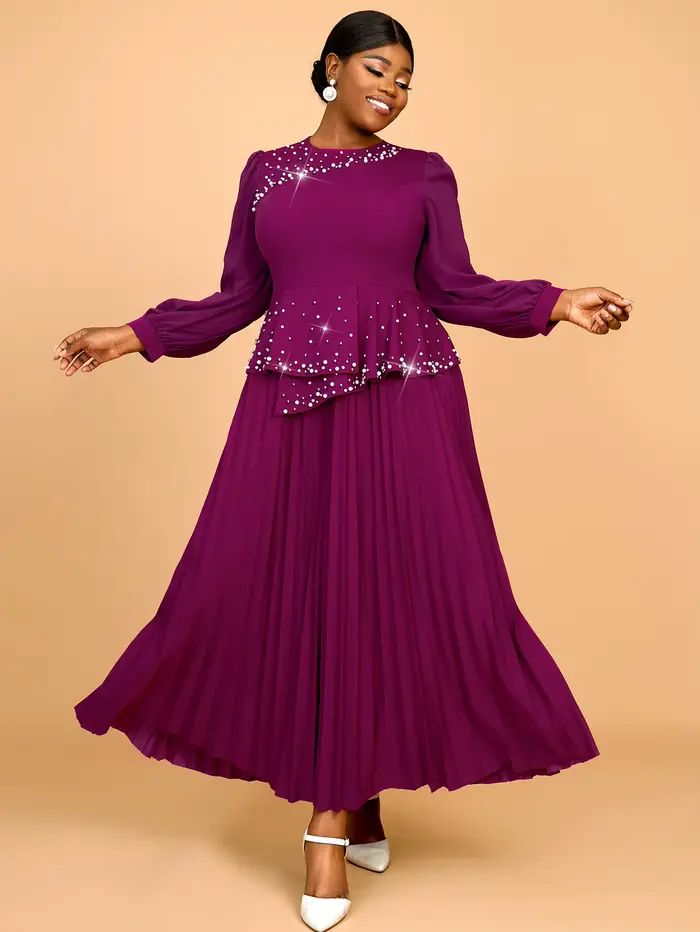 Robe de bal en mousseline de soie, violet, rouge, manches longues, col rond, plissée, perlée, robe d
