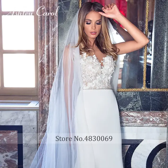 Ashley Carol dentelle sirène robes De mariée Sexy col en v cristal
