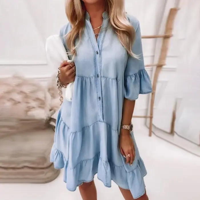 Robes pour femmes 2025 décontracté femmes couleur unie en détresse Denim robe mi-longue avec 5/8 man