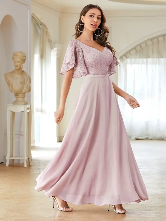Mgiacy col en v demi manches en mousseline de soie extra longue dentelle patchwork robe élégante rob