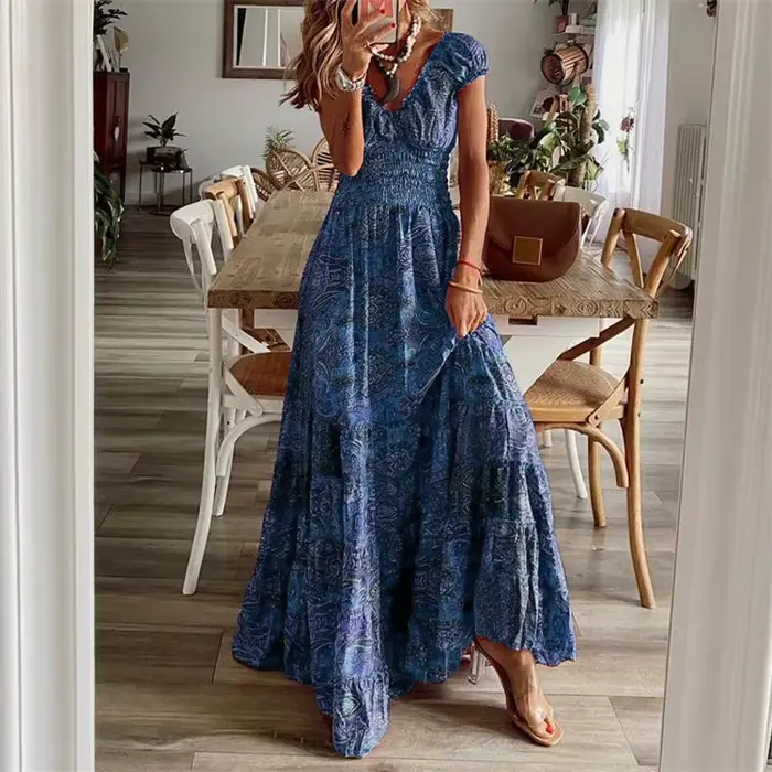 Robe longue style bohème élégante pour femmes imprimé floral occassions spéciales soirée mariage vacances
