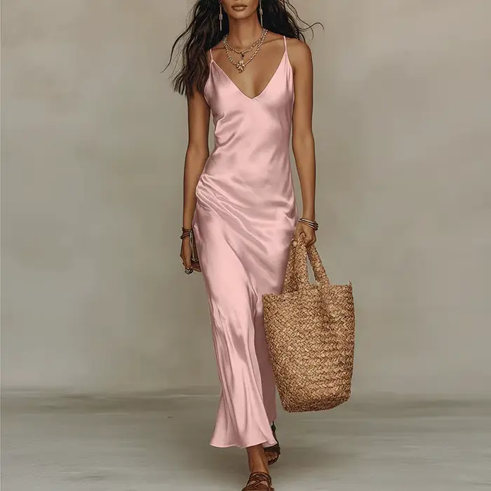 Nouvelle Robe Longue Maxi Femme Été Bohème Plage Col V Profond Sexy en Satin Uni Sans Manches Évidée pour Vacances