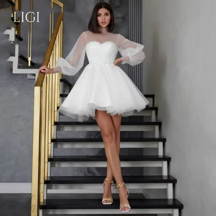 Robes de mariée courtes LIGI pour femmes 2026, robe de mariée à manches longues bouffantes, col illu