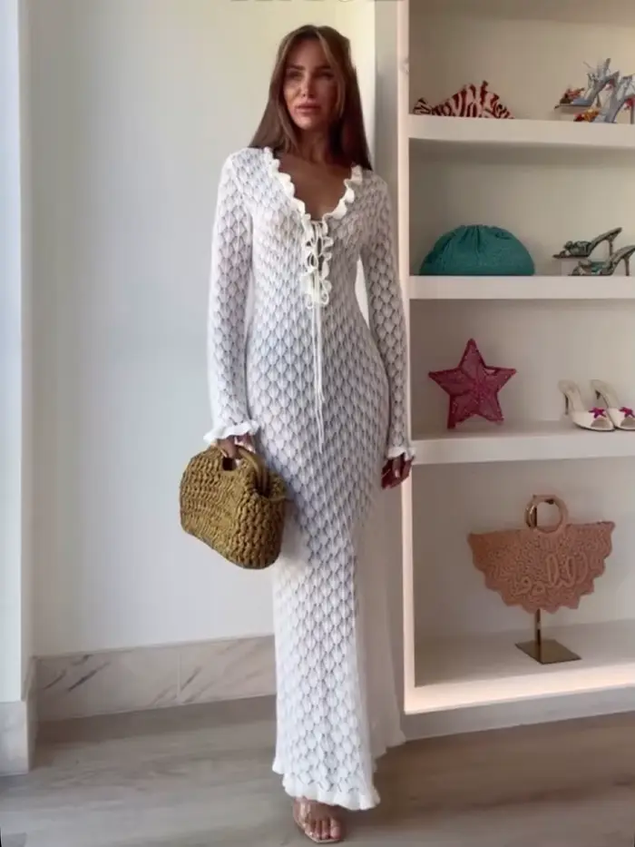 Robe en polyester HH pour femmes, style plage, col en V, à lacets, longueur cheville, pour occasions estivales et spéciales