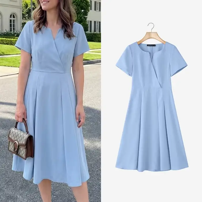 Robes mi-longues élégantes et minimalistes pour femmes, col en v, manches courtes, ligne a, longueur