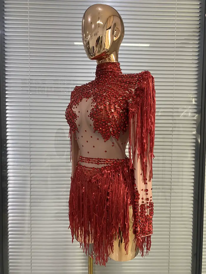 Robe de danse de salon pour femme en polyester rouge scintillante avec strass et paillettes pour soirée spectacle danse hip-hop photo