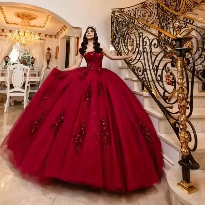 BOMARIS bordeaux robe De bal Quinceanera robes cendrillon robes De 15 Anos XV brillant Tulle dentell