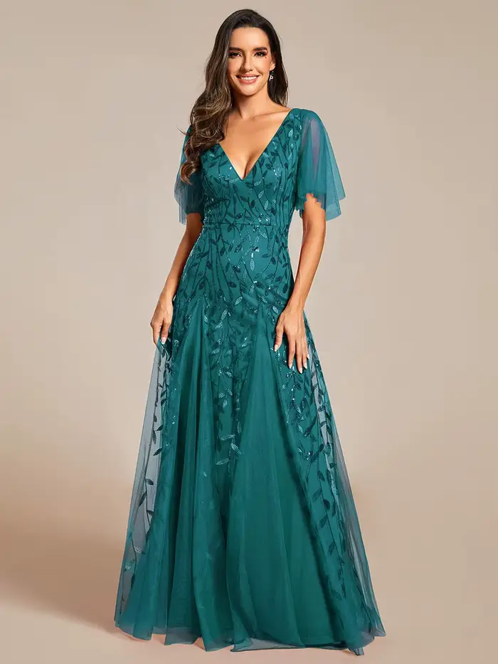 Robe de soirée élégante en gaze turquoise et paillettes avec décolleté en V et manches à volants pour femmes occasions spéciales