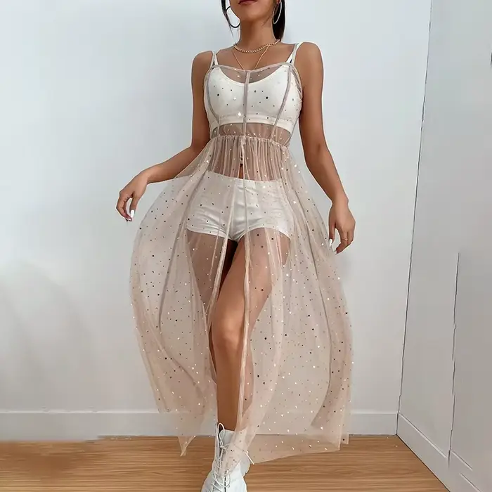 Robe de plage mi-longue fendue à paillettes pour femme