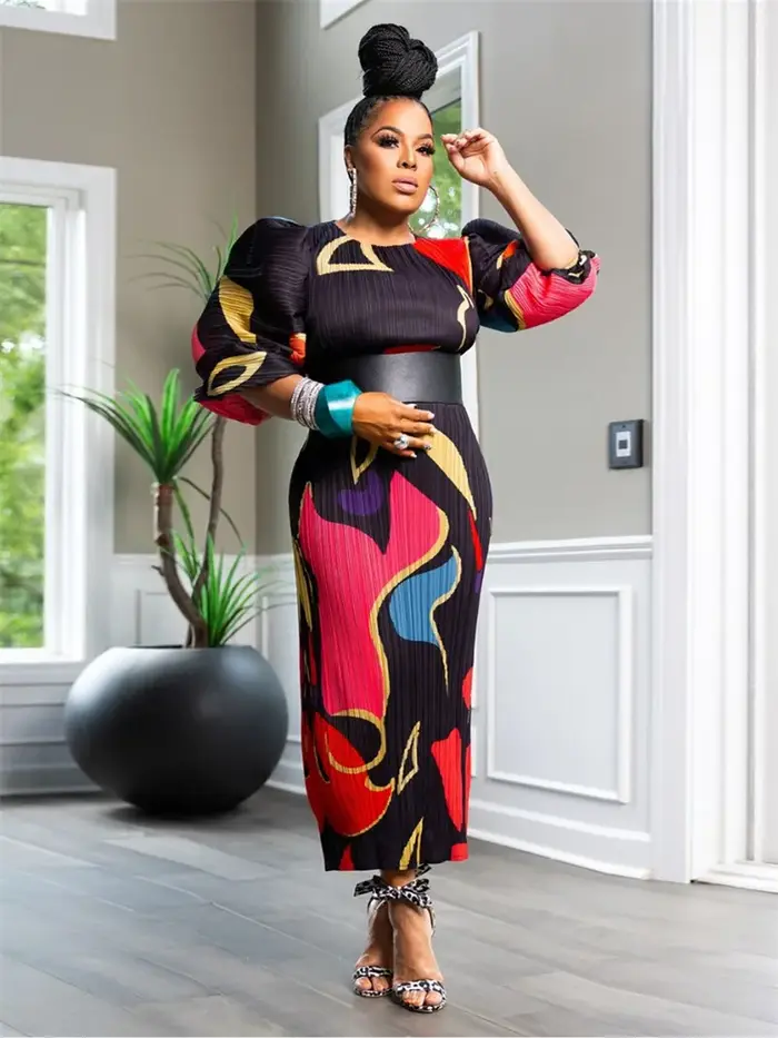 Robe élégante à manches bouffantes pour femmes grandes tailles automne soirée événements spéciaux