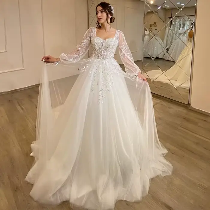 Eightree-Robe de mariée en tulle à manches bouffantes, appliques chérie, robe de patients blanche, m