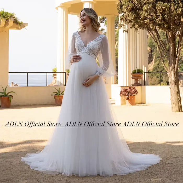 Robe de mariée ivoire blanche pour mariée enceinte, manches bouffantes personnalisées, col en V, voi