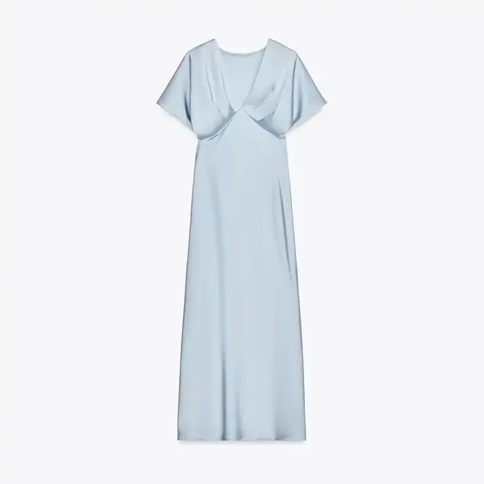 Robe longue en Satin plissée pour femmes, élégante, couleur unie, col en v, manches courtes, Robes d