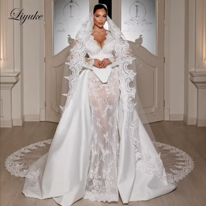 Robes de mariée sirène Liyuke sur mesure de luxe 3-en-1 à col en V