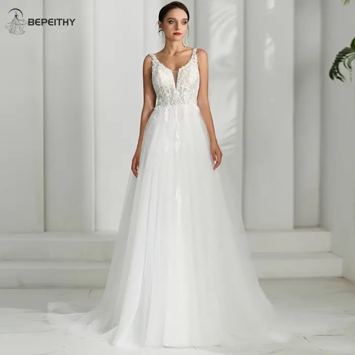 BEPEITHY-Robe de mariée de plage à col en V personnalisée pour femmes, dos nu, sexy, bohème, ivoire,