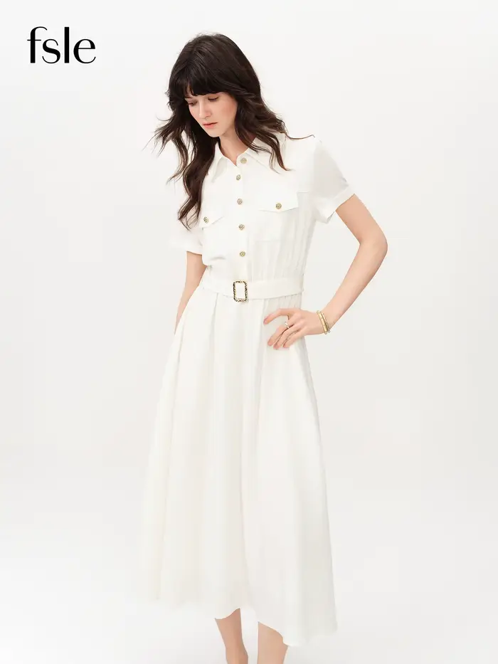 Robe d'été sophistiquée en lin à manches courtes pour femme FSLE 2026 - Coupe trapèze classique mi-l