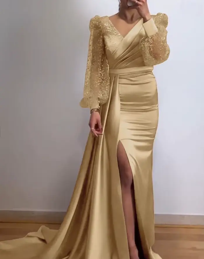 Robe de soirée à paillettes brillantes, manches longues, Style femme, présence Queenly, conférence a