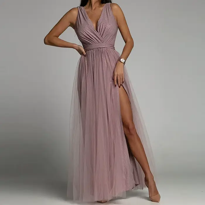 Robe de soirée en dentelle et maille pour femme, tenue de soirée Sexy sans manches, Maxi plis, col e