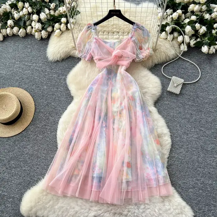 Robe longue Chic en maille, style féerique français, papillon 3D, bretelles Spaghetti, Design imprim